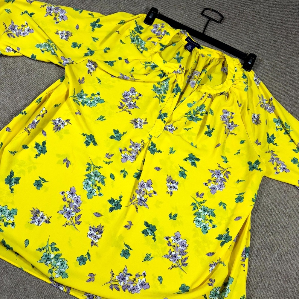 Adrienne Vittadini Top Womens 2X Yellow Floral Pleated Split Neck 3/4 Sleeve